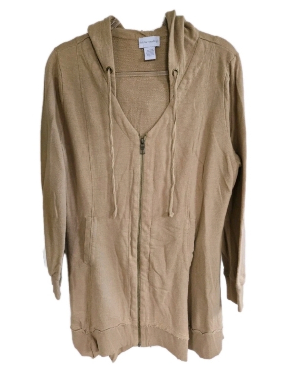 Soft Surroundings Sunrise Hoodie Tunic Length Full Zip Handkerchief Hem Sz L Tan